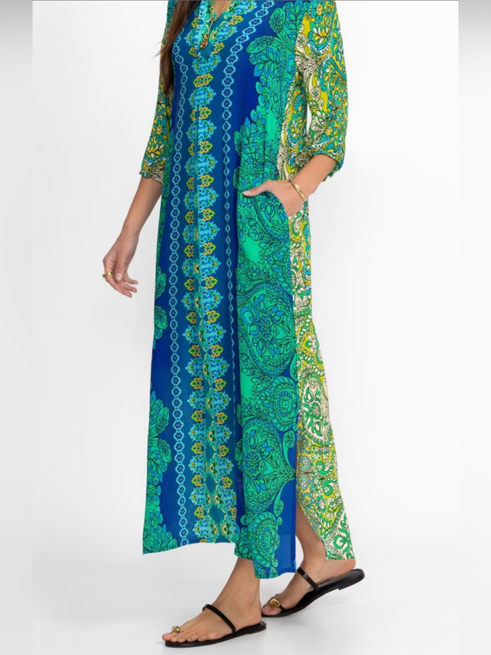 Johnny Was Kahinu 100% Silk Maxi Dress Kaftan Blue Green Floral XS NEW - Picture 5 of 14